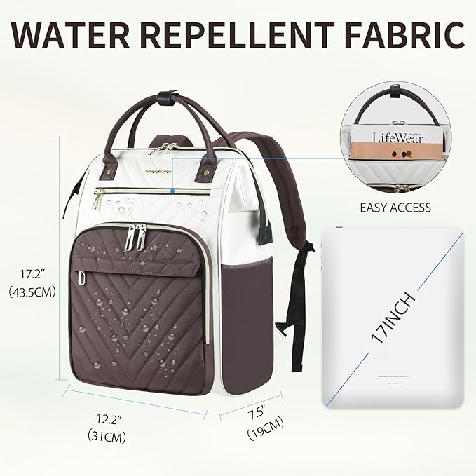 VANKEAN 17 Inch Laptop Backpack for Women Fashion Computer Work Bag, Large Capacity Waterproof Backpack, College Daypack Business Travel, Beige-Coffee