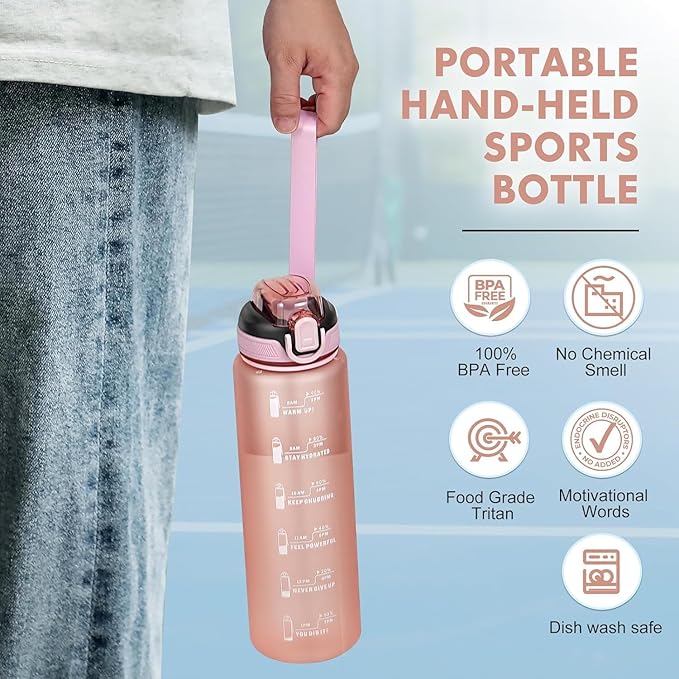 Water Bottle with Straw 1L,Boys Water Bottles with Straw 1 Litre,Waterbottle Leak-Proof Sports Water Bottle,Plastic Drinks Bottles Toxin Free，Bpa-Free (Pink2)
