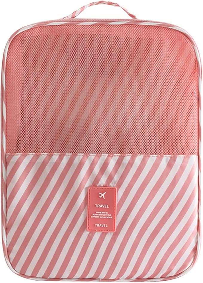 Pink Strip Travel Shoe Bag - Holds 3 Pair of Shoes, Travel Essentials Bag for Flying, Accessories Bag