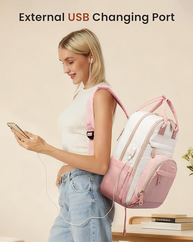 LOVEVOOK Laptop Backpack Women with USB Port Design,18.4 inch Waterproof Work Travel Backpack Computer Laptop Bag,Cute College Nurse Teacher Backpack Purse,Gifts for Women & Men,Beige-Pink-Pink