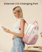 LOVEVOOK Laptop Backpack Women with USB Port Design,18.4 inch Waterproof Work Travel Backpack Computer Laptop Bag,Cute College Nurse Teacher Backpack Purse,Gifts for Women & Men,Beige-Pink-Pink