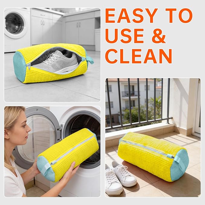 2PCS Shoe Washing Machine Bgs,Laundry Shoe Bags for Washer and Dryer, Reusable and Durable Zipper Sneaker Shoe Washing Bag, Tennis Shoe Cleaning Bag for All Shoe Types (Yellow)