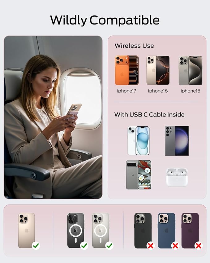 MOVE SPEED 0.5'' 10,000mAh Magnetic Power Bank, Alloy-Design MagSafe Portable Charger,Fast Charging Magsafe Battery Pack for iPhone 16/15/14/13/12,Travel Essential,Blush Pink