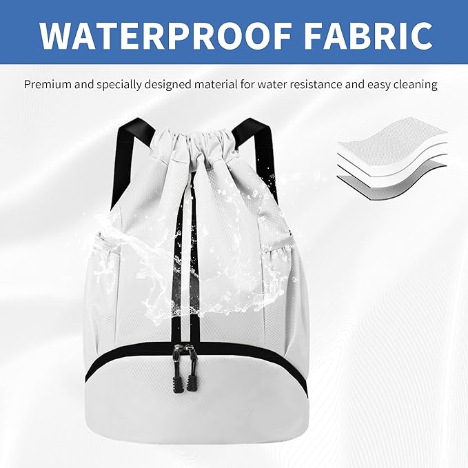 JELUTAR Drawstring Backpack Gym Bag with Shoes Compartment for Soccer, Basketball, Swim, Water-Resistant String Backpack Beach Cinch for Women Men, White