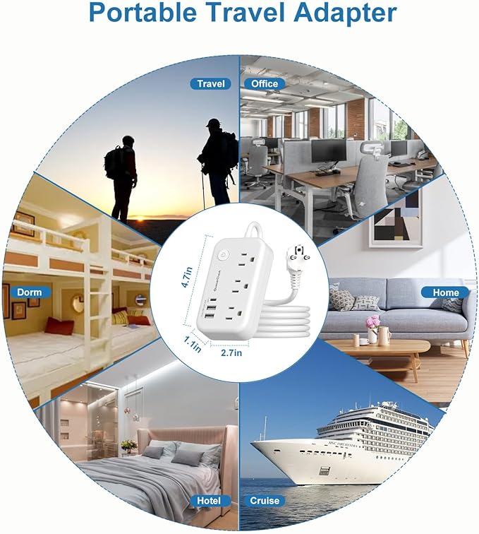 Type E F Plug Adapter, Germany France Travel Plug Adapter with 3 Outlets 3 USB Ports，Schuko Plug Power Adaptor for US to Europe EU Spain Iceland Korea Greece Norway Russia German French, 4ft