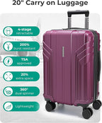 BAGSMART Expandable Carry On Luggage 22x14x9 Airline Approved, 20 Inch Travel Luggage with Spinner Wheels, Lightweight Hard Shell Suitcase Carry on Purplish Red