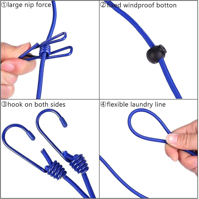 11ft Blue Windproof Clothesline with 12 Clips, Adjustable for Home, Travel & Outdoor Use