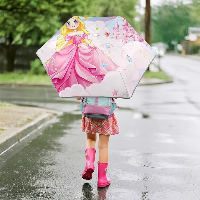 Kids Folding Umbrella Auto Open/Close Umbrellas for Rain Round Corner Safe Design UV Resistant Automatic Children Travel Umbrellas Reinforced Canopy 360° Reflective Strip Lightweight for Girls & Boys