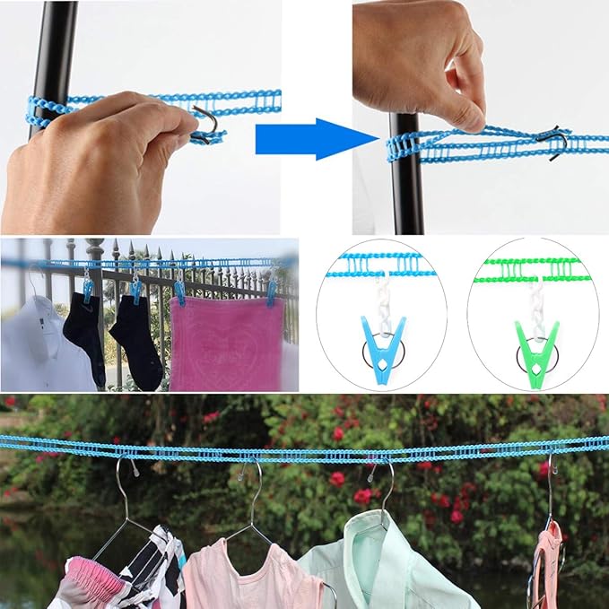 Foshine Clotheslines 2 Pack Clothesline Clothes with 24 Pcs Clips Drying Rope Portable Windproof for Travel Indoor Outdoor Laundry Clothes Line Hanger Camping Home