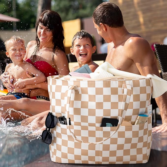 Iioscre Beach Bag for Women, Causal Hobo Pool Bags with Zipper Inner Pocket, Foldable Swim Tote Bag for Vacation Essentials
