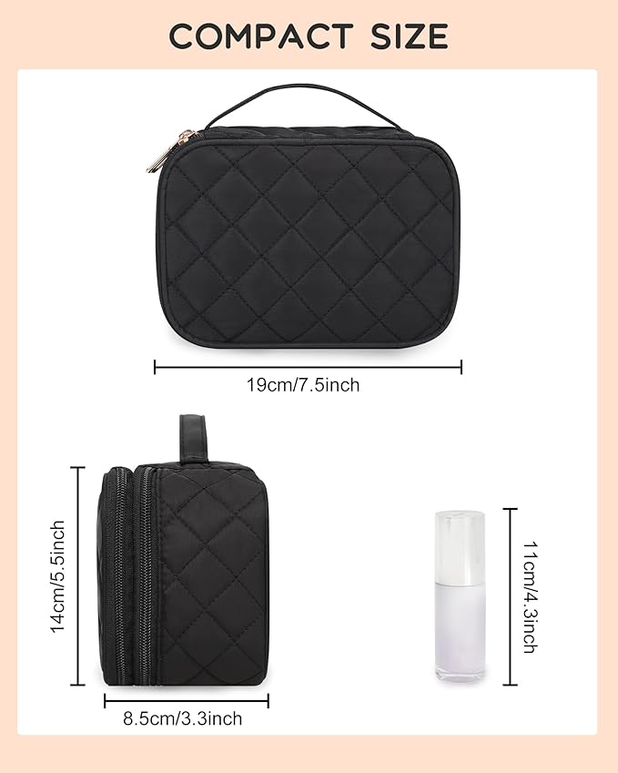 Relavel Small Makeup Bag, Travel Cosmetic Bag with Makeup Brush Compartment, Cute Make Up Pouch for Women, Double Layer Toiletry Organizer for Short Trip, Office - Black