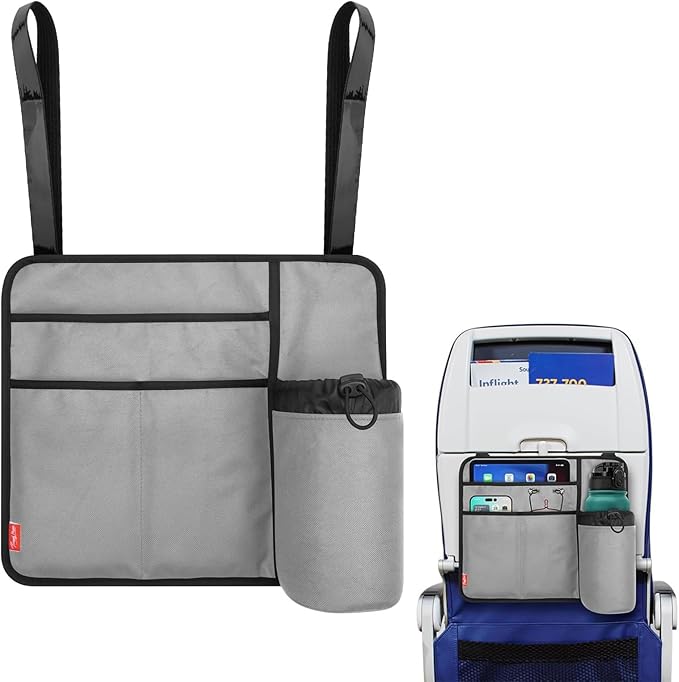 Airplane Seat Back Organizer & Storage, Airplane Tray Table Cover for Personal Items, Airline Seat Hanging Pockets Media Pouch,Reusable Travel Essentials,Fits Tablets,Cell Phone,Water Bottle (Grey)