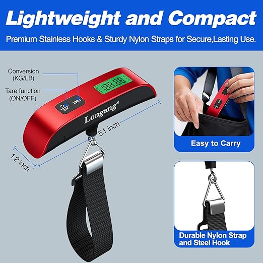 Digital Hanging Luggage Scale with Backlit for Travel, Portable Handheld Suitcase Weight Scale with Hook, 110 Pounds, Battery Included