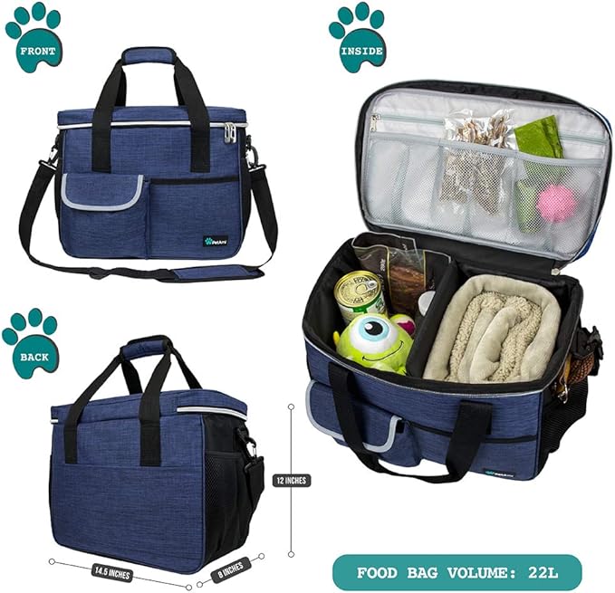 PetAmi Dog Travel Bag, Travel Pet Bag Organizer, Dog Food Travel Bag with Container Collapsible Bowls, Pet Travel Supplies Gift Accessories for Weekend Camping, Puppy Cat Diaper Bag, Navy Blue Medium