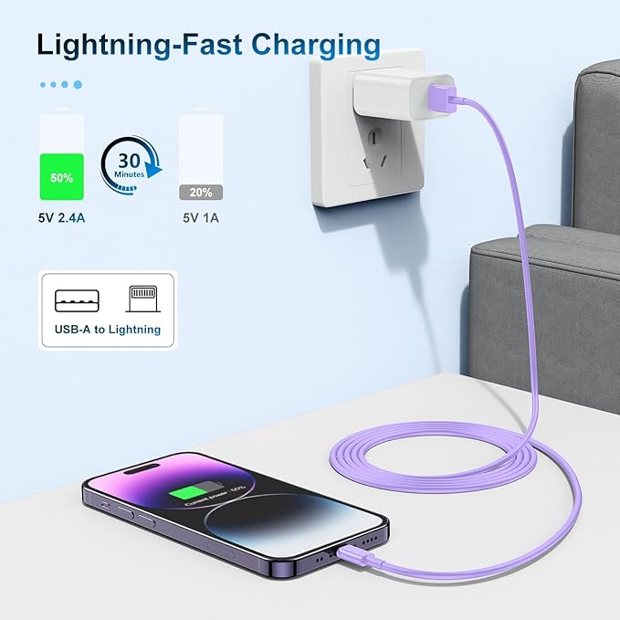 3 Pack Apple MFi Certified Charger Cable 6Ft, Lightning to USB Cable Cord 6 Foot, 2.4A Fast Charging,Apple Phone 6 Feet Long Chargers for iPhone 14/13/12/11/X/XS/XR/SE/8/7/6/5 Plus Pro Max Mini Purple