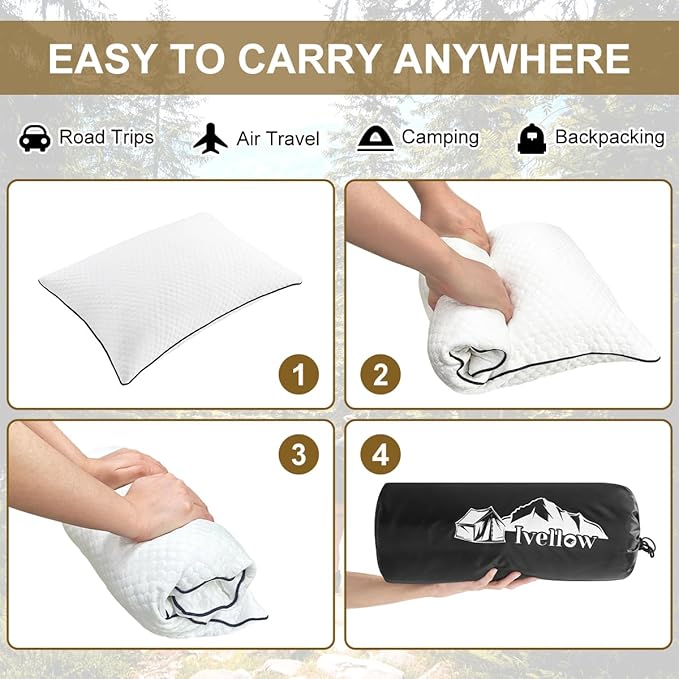 Ivellow Travel Pillow Camping Pillow for Sleeping Cooling Shredded Memory Foam Pillow Compressible Compact Medium Firm,Breathable Soft Cover,Ideal Outdoor Car Backpacking Hiking Essential Gear White L