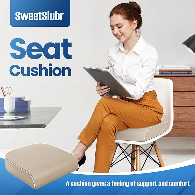 SweetSlubr Seat Cushion for Tailbone Pain Relief, Office Chair Cushion, Memory Foam Large Chair Cushion with Non-Slip Cover for Soft Support at Office Chair, Car Seat, Airplane Beige/X-Large