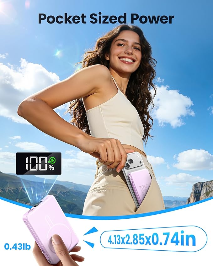 Magnetic Portable Charger, 22.5W Power Bank Fast Charging 10000mAh, Portable Charger with Built in Cable, for Magsafe Battery Pack Compatible with iPhone 17/16/15/14/13/12 Pro/Pro Max Purple