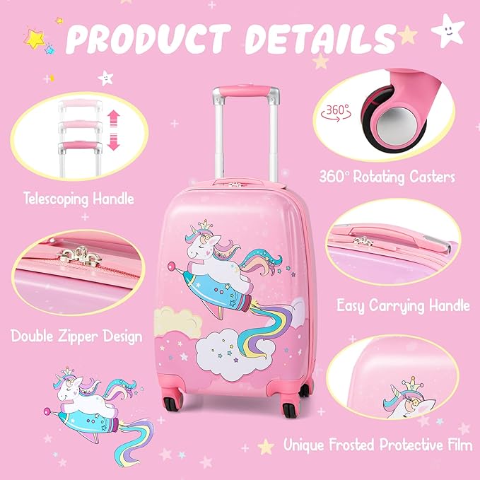 BABY JOY 2 PC Kids Carry On Luggage Set, 18" Toddler Trolley Case & 12" Backpack with Hard Shell & Rolling Wheel Design, Kids Suitcase for Boys Girls (Pony)