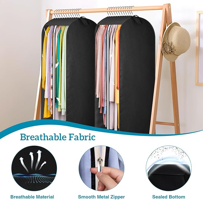 KIMBORA 10" Gusseted Clear Garment Bags for Hanging Clothes Storage, 43" Suit Bags for Closet Storage with Handles, Garment Covers for Coats, Jackets, Sweaters (2 Packs, Black)