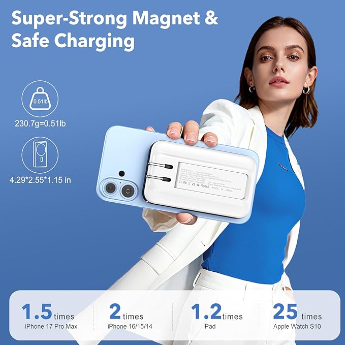 Magnetic Portable Charger 10000mAh for iPhone with Built-in Cables and Wall Plug,Wireless Power Bank with iWatch Charger,LCD Display 22.5W Fast Charging Battery Pack for iPhone 16/15/14/13/12 (White)