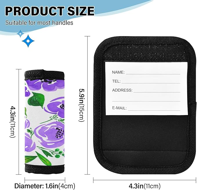 4 Pack Purple Flowers Luggage Handle Wrap, Detachable Luggage Tag, Neoprene Suitcase Wrap with Comfort Grip & Bright Identifier for Suitcase, Travel Bag, Sports Bag