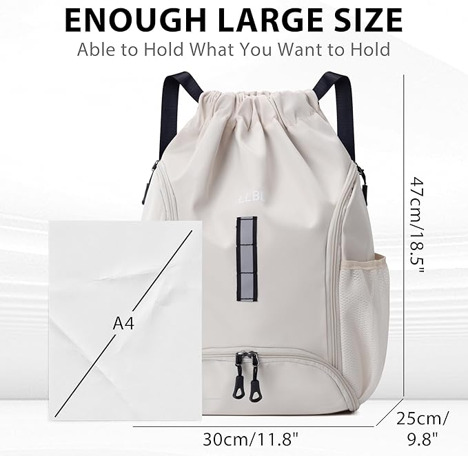 Drawstring Gym Backpack, Sports Bag with Adjustable Shoulder Straps, Cinch Sack for Fitness, Swimming, Travel (Beige)