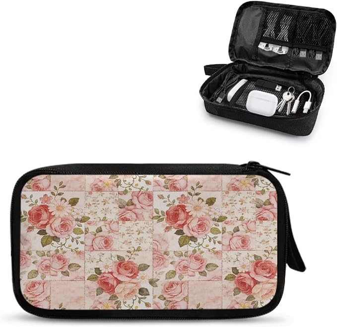 Pink Roses Electronic Organizer Travel Cable Organizer Bag Portable Pouch Electronic Accessories Carry Case for Cable Cord Charger Phone Earphone Tech Pouch
