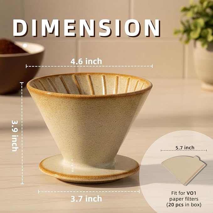 DIF DECO Ceramic Pour Over Coffee Dripper, Reusable Porcelain Portable Pour Over Coffee Maker, Slow Brewing Accessories with 1 Holes for Home, Office, Travel, Camping (Yellow)