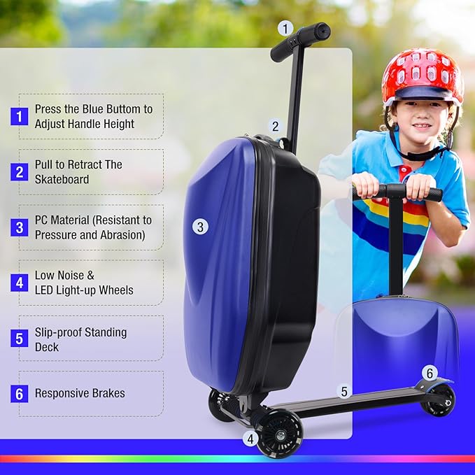 2-in-1 Ride-On Scooter Suitcase for Kids & Adults, 20” Foldable Hardshell Carry-On Luggage for Travel, Lightweight Kids Scooter Bag with Wheels