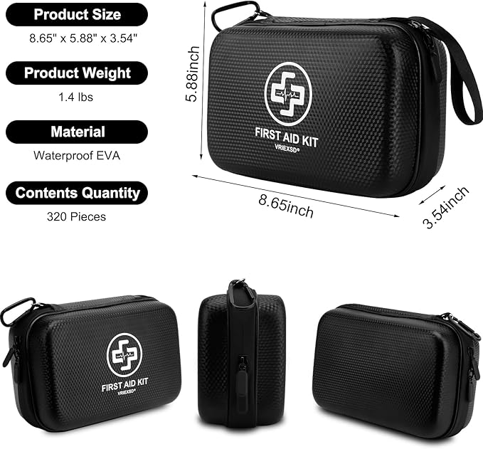 VRIEXSD Premium First Aid Kit, 320 Piece Waterproof Hard Shell Eva First Aid Kit for Home, Camping, Cars, Hiking, Travel, Businesses & Outdoor Emergencies - Emergency Medical Kits (Black)