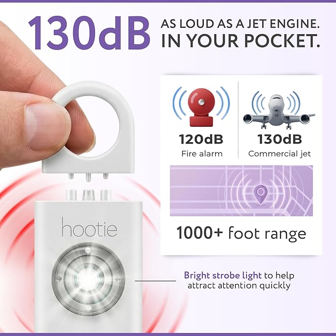 HOOTIE Personal Safety Alarm Keychain, 130dB Personal Alarm for Women Men and Kids, Pull Pin Emergency Panic Alarm with Strobe Light, Portable Self Defence Alarm for Campus Travel and Running - White