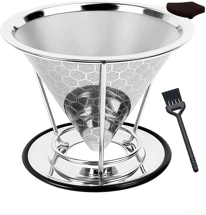 Pour Over Coffee Dripper - 304 Stainless Steel Filter, Paperless & Reusable Dual-Layer Metal Coffee Filter with Base, 800 Mesh Steel Cone Filter, for 1-6 Cups Brew Coffee Maker (Black)