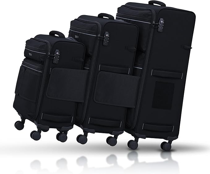 TACH LITE Samba Softside 3 Piece Luggage Set 20/24/28 Inch | Connectable Suitcases with Spinner Wheels Lightweight Travel Suitcase with Wheels Carry On & Checked Bags | Soft Sided Luggage Set (Black)