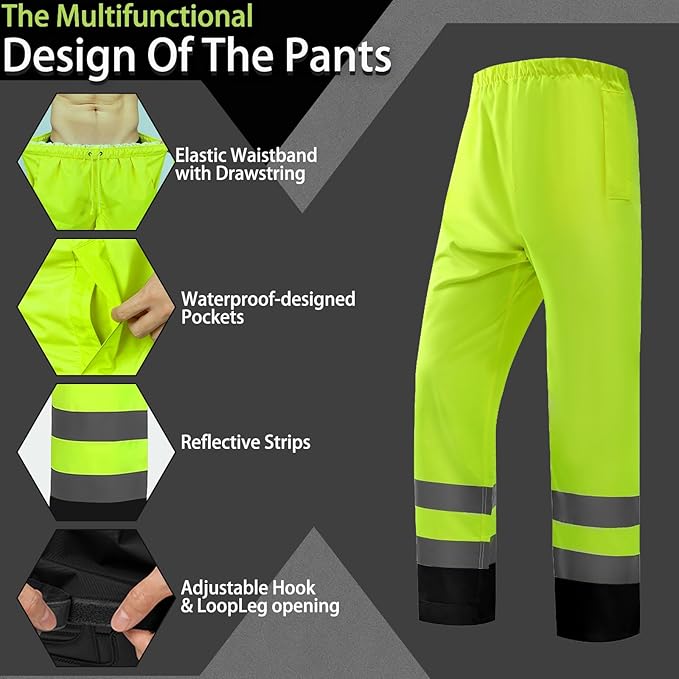 Hi Vis Class 3 Safety Rain Jacket for Men Waterproof, Reflective High Visibility Rain Gear Construction Rain Suit (Yellow-Black 2XL/3XL)