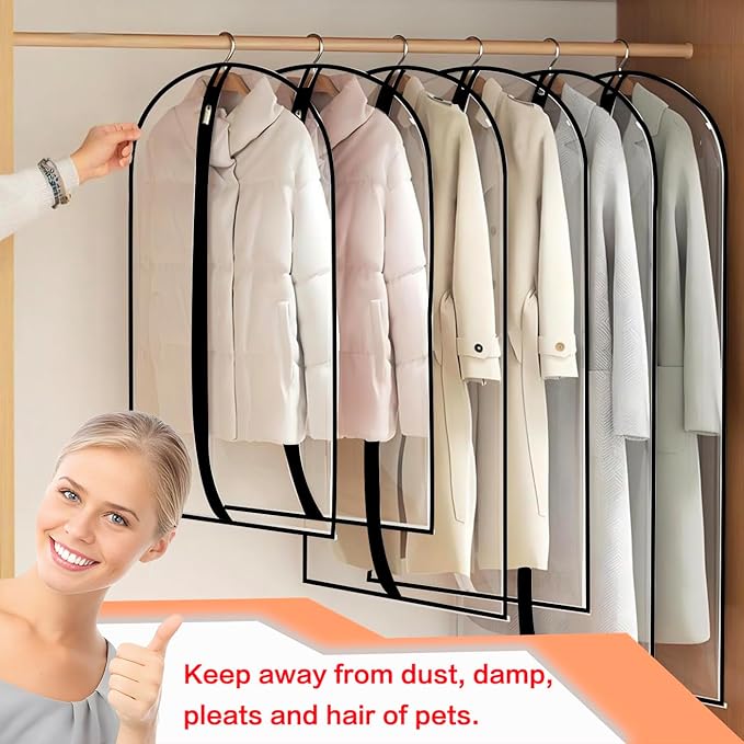 Clear Garment Bags for Hanging Clothes Travel (24'' x 54'' Set of 6) Clothes Storage Bags Closet Cover for Open Closet with Zipper for Suit, Sweaters Travel Laundry Wardrobe Closet Garment Dust Cover