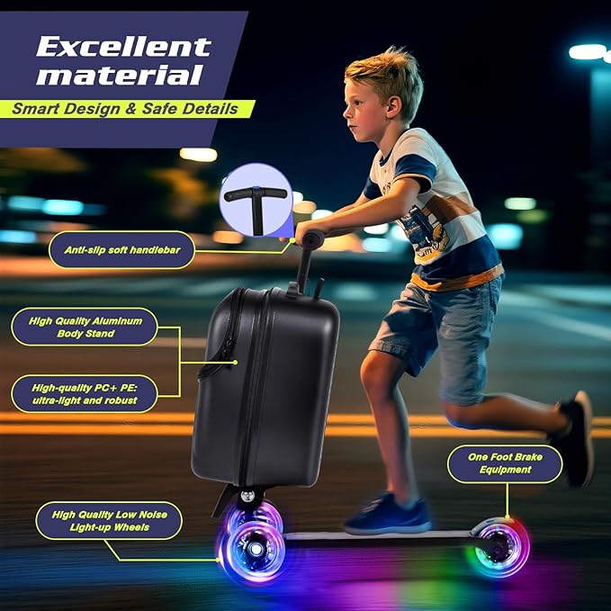 smilesun Foldable Ride On Scooter Suitcase with Front Opening, Lightweight Carry On Scooter Luggage for Adults, Teens & Kids（Black 20-inch）