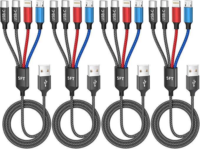 4Packs 5FT Dual Type-C 4 in 1 Multi Charging Cable with 2 USB-C/IP/Micro Port, USB Cable iPhone Charger Cord, Travel Cruise Essentials Car Accessories for iPhone17-8, Galaxy 25 Android iPad, More