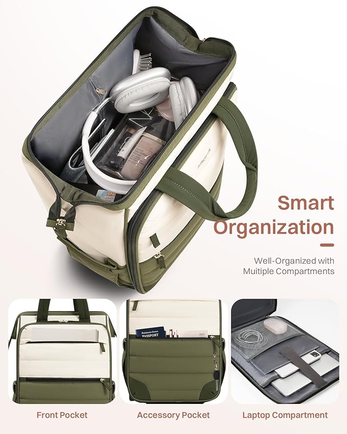Rolling Puffer Backpack for Women, Travel Backpack with Wheels, 16 Inch Wheeled Laptop Backpack, Dual-Opening Design Overnight College Underseat Carry on Luggage, Roller Business Work Bag, Green