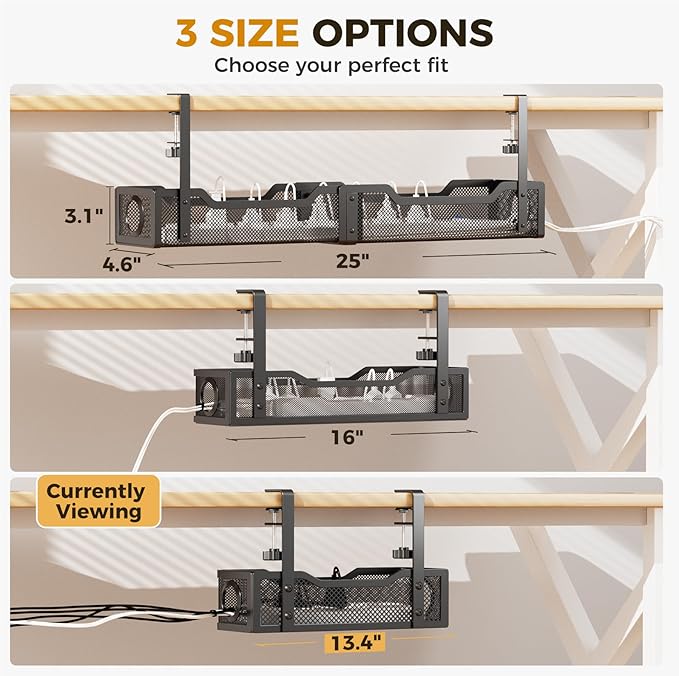 Under Desk Cable Management Tray Black, Cinati Wire Organizers No Drill, Cable Tray with Clamp for Wire Management, Cord Organization Box for Office, Home - No Damage to Desk