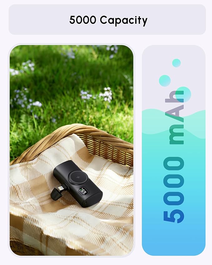 Mini Power Bank Compatible with iPhone,5000mah Travel On-the Go Portable Charger, Handy Battery Pack External Second Battery for Emergency Back-Up Charger for iPhone 14/12/13 mini/14 plus-Black