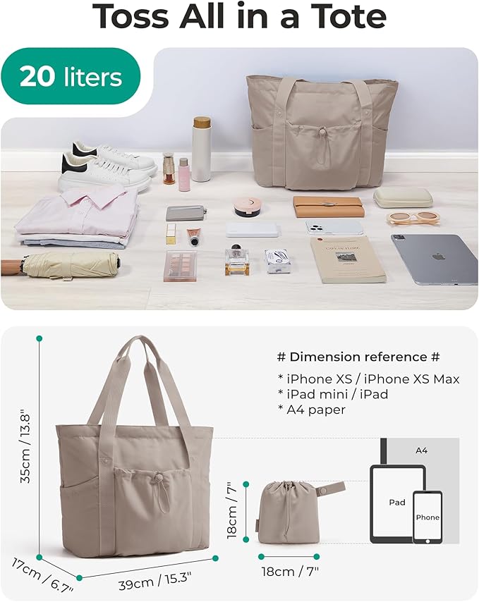 BAGSMART Foldable Tote Bag with Drawstring Bag, Tote Bag Shoulder Bag Top Handle Handbag for Travel, Work, Beach, Gym