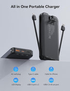 10000mAh Ultra-Portable-Charger-Power-Bank with Built in Cables&AC Wall Plug, PD20W USB-C Fast Charging Cell Phone Charger Battery Pack,LED Display Travel Battery Bank for All iPhone,Samsung,Android