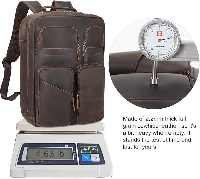 TIDING 17.3" Full Grain Leather Laptop Backpack for Men Multi Pockets Casual Daypack Business Travel Rucksack