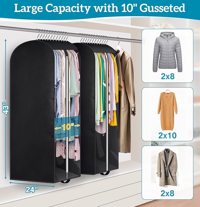 KIMBORA 10" Gusseted Clear Garment Bags for Hanging Clothes Storage, 43" Suit Bags for Closet Storage with Handles, Garment Covers for Coats, Jackets, Sweaters (2 Packs, Black)