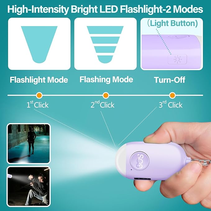Hion Personal Safety Alarm for Women, Rechargeable 130dB Self Defense Alarm Keychain with LED Flashlight, Emergency Safe Sound Security for Children Elderly College Girls Men, Purple