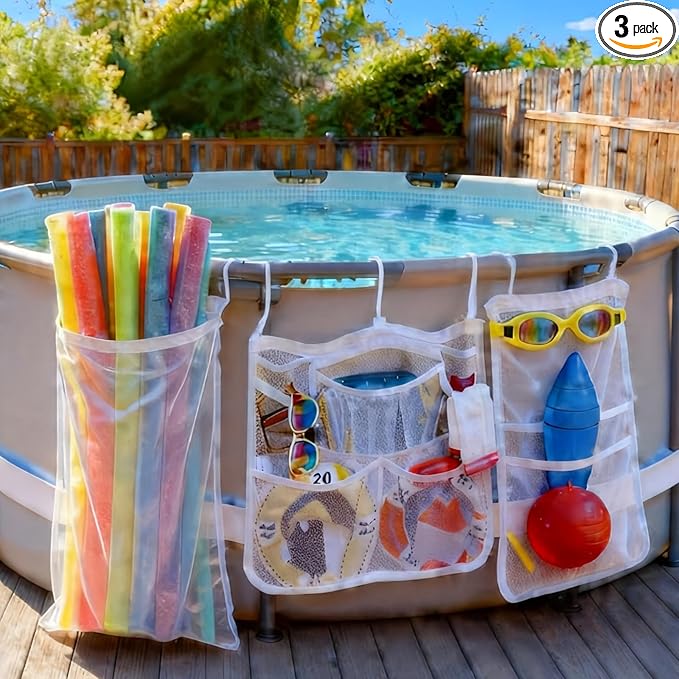 3 Pieces Above Ground Pool Storage Bag - 2 Pcs Pockets Bags & One Large Drawstring Mesh Organizer for Large Floats, Toys, Sports Balls, Towels & Beverages