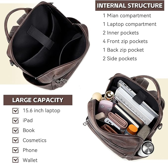 AGLOD Vegan Leather Laptop Backpack for Women 15.6 Inch Work Backpack Purse for Travel College
