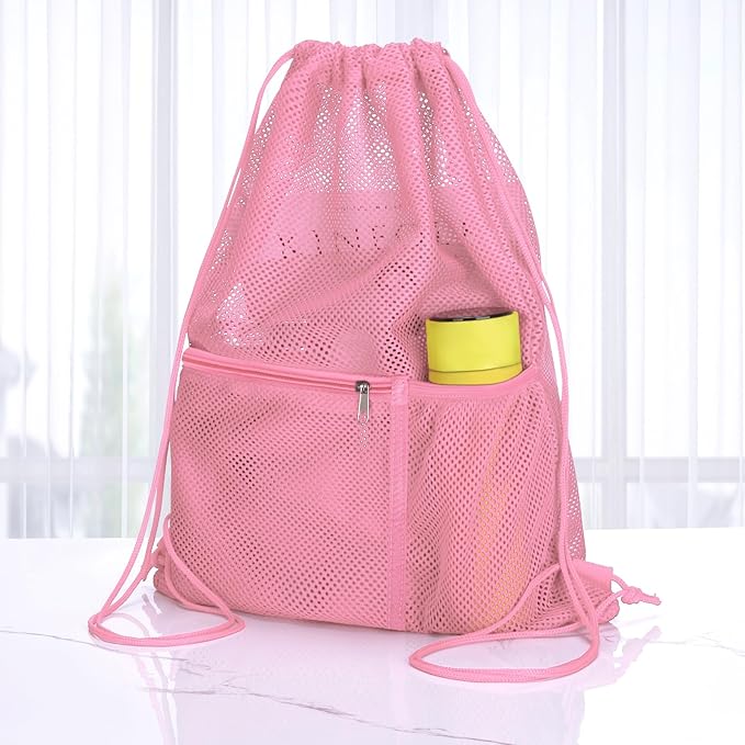 NATURAL STYLE 2 PACK Mesh Drawstring Backpack Bag, Multifunction Mesh Bag for Swimming, Athletic Gym, Clothes, Beach, Swim (Pink)