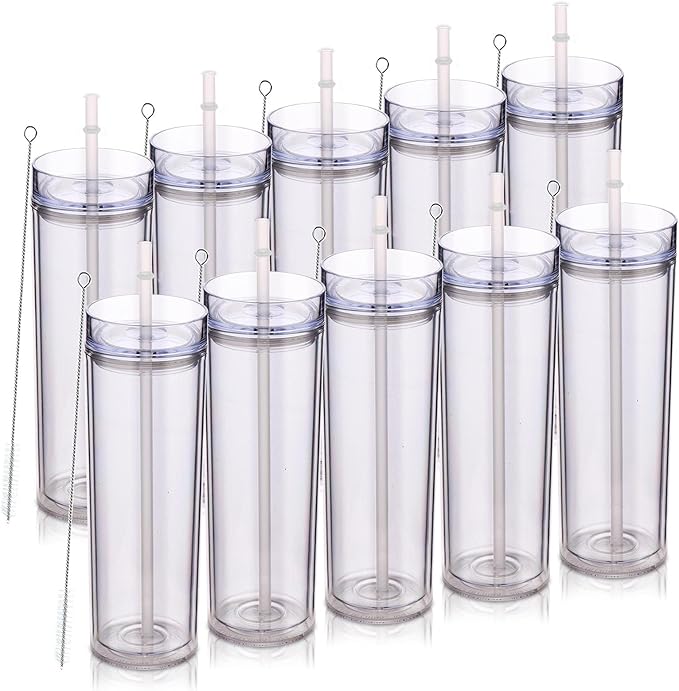 Volhoply 20oz Plastic Skinny Tumblers Bulk 10 Pack,Double Wall Tumbler with Lid and Straw,BPA Free Matte Acrylic Iced Coffee Cups with Straw,Reusable Travel Cute Mug for Party,DIY Gift(Clear,10 Set)